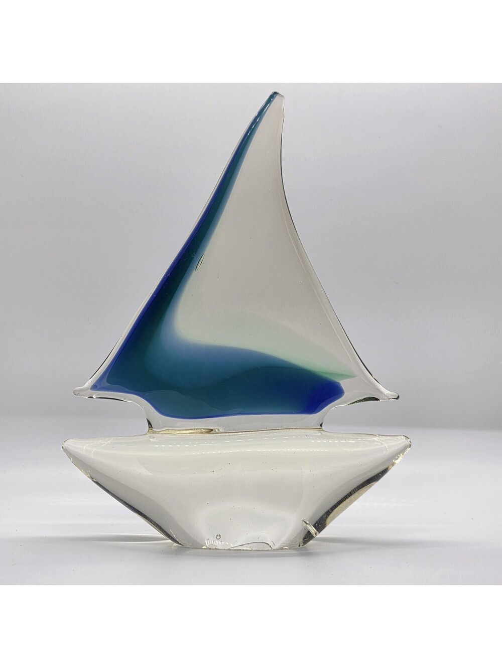 Vintage Hand Blown Art Glass Sailboat Blue Teal Clear Nautical Figurine EUC
